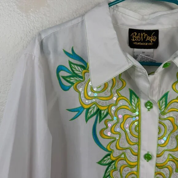 NWT Bob Mackie Wearable Art Top White Sz 1X Button Up Flower Embroidered Sequins - Picture 6 of 16